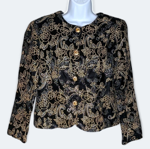 Joanna Vintage Black Gold Velvet Brocade Jacket Embroidered Metallic Floral Crop - Picture 2 of 16